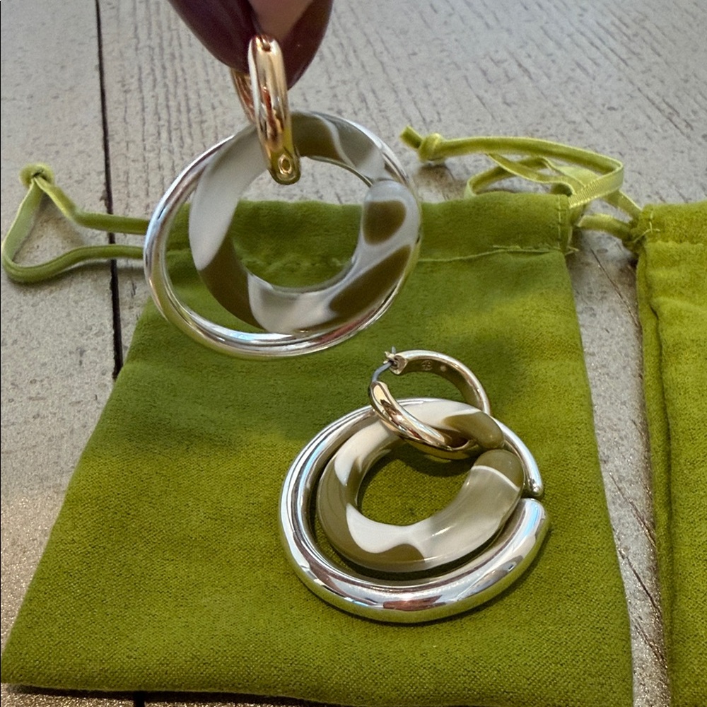 Tory Burch Silver and Cream/olive Hoop Earrings